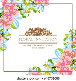 Vintage delicate invitation with flowers for wedding, marriage, bridal, birthday, Valentine's day.