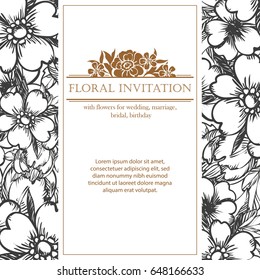 Vintage delicate invitation with flowers for wedding, marriage, bridal, birthday, Valentine's day. 