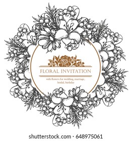 Vintage delicate invitation with flowers for wedding, marriage, bridal, birthday, Valentine's day