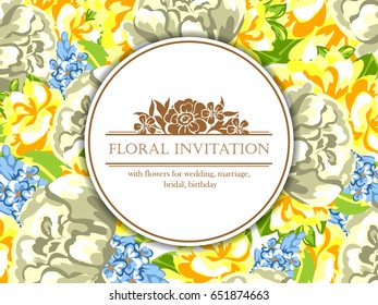 Vintage delicate invitation with flowers for wedding, marriage, bridal, birthday, Valentine's day. Romantic vector illustration.