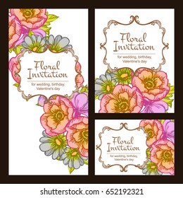 Vintage delicate invitation with flowers for wedding, marriage, bridal, birthday, Valentine's day.