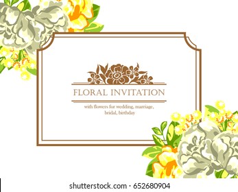 Vintage delicate invitation with flowers for wedding, marriage, bridal, birthday, Valentine's day.