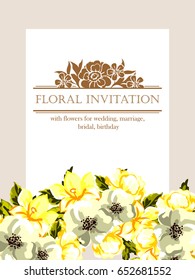 Vintage delicate invitation with flowers for wedding, marriage, bridal, birthday, Valentine's day.