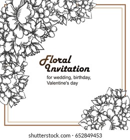 Vintage delicate invitation with flowers for wedding, marriage, bridal, birthday, Valentine's day.
