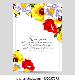 Vintage delicate invitation with flowers for wedding, marriage, bridal, birthday, Valentine's day.