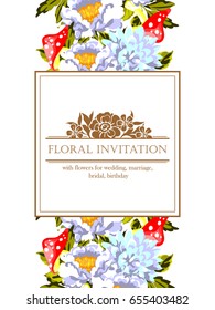 Vintage delicate invitation with flowers for wedding, marriage, bridal, birthday, Valentine's day.