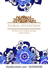 Vintage delicate invitation with flowers for wedding, marriage, bridal, birthday, Valentine's day.