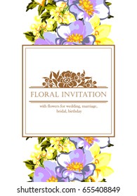 Vintage delicate invitation with flowers for wedding, marriage, bridal, birthday, Valentine's day. Romantic vector illustration.