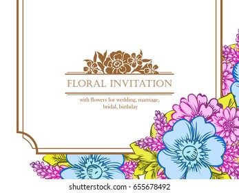 Vintage delicate invitation with flowers for wedding, marriage, bridal, birthday, Valentine's day.