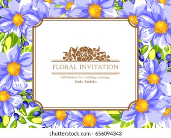 Vintage delicate invitation with flowers for wedding, marriage, bridal, birthday, Valentine's day.