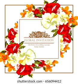 Vintage delicate invitation with flowers for wedding, marriage, bridal, birthday, Valentine's day.