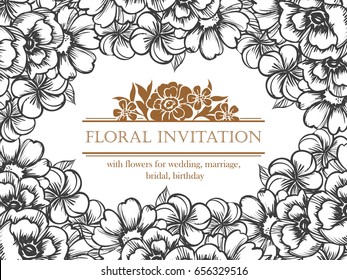 Vintage delicate invitation with flowers for wedding, marriage, bridal, birthday, Valentine's day. 