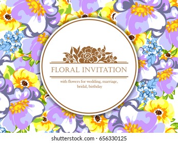 Vintage delicate invitation with flowers for wedding, marriage, bridal, birthday, Valentine's day. 