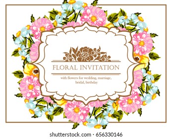 Vintage delicate invitation with flowers for wedding, marriage, bridal, birthday, Valentine's day. 