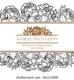 Vintage delicate invitation with flowers for wedding, marriage, bridal, birthday, Valentine's day. Romantic vector illustration.
