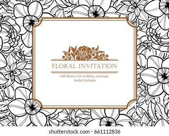 Vintage delicate invitation with flowers for wedding, marriage, bridal, birthday, Valentine's day. Romantic vector illustration.
