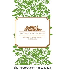 Vintage delicate invitation with flowers for wedding, marriage, bridal, birthday, Valentine's day. Romantic vector illustration.