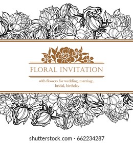 Vintage delicate invitation with flowers for wedding, marriage, bridal, birthday, Valentine's day. Romantic vector illustration.