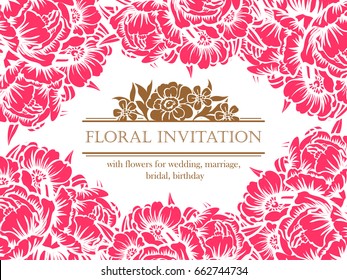 Vintage delicate invitation with flowers for wedding, marriage, bridal, birthday, Valentine's day. Romantic vector illustration.