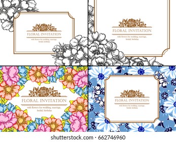 Vintage delicate invitation with flowers for wedding, marriage, bridal, birthday, Valentine's day.