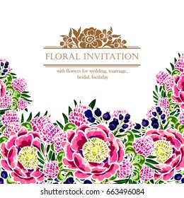Vintage delicate invitation with flowers for wedding, marriage, bridal, birthday, Valentine's day. Romantic vector illustration.