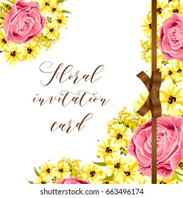 Vintage delicate invitation with flowers for wedding, marriage, bridal, birthday, Valentine's day. Romantic vector illustration.