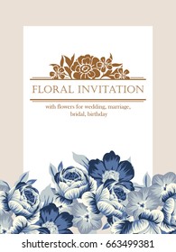 Vintage delicate invitation with flowers for wedding, marriage, bridal, birthday, Valentine's day. Romantic vector illustration.