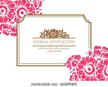 Vintage delicate invitation with flowers for wedding, marriage, bridal, birthday, Valentine's day. Romantic vector illustration.