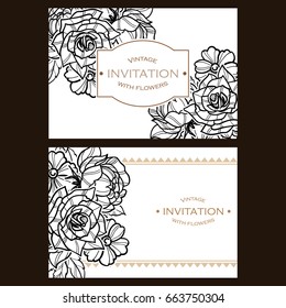 Vintage delicate invitation with flowers for wedding, marriage, bridal, birthday, Valentine's day. Romantic vector illustration.