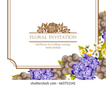 Vintage delicate invitation with flowers for wedding, marriage, bridal, birthday, Valentine's day. Romantic vector illustration.