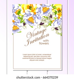 Vintage delicate invitation with flowers for wedding, marriage, bridal, birthday, Valentine's day.