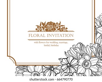 Vintage delicate invitation with flowers for wedding, marriage, bridal, birthday, Valentine's day. Romantic vector illustration.