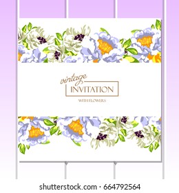 Vintage delicate invitation with flowers for wedding, marriage, bridal, birthday, Valentine's day. 