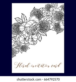 Vintage delicate invitation with flowers for wedding, marriage, bridal, birthday, Valentine's day. 
