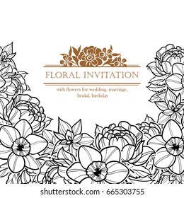 Vintage delicate invitation with flowers for wedding, marriage, bridal, birthday, Valentine's day.