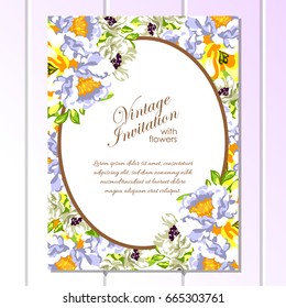 Vintage delicate invitation with flowers for wedding, marriage, bridal, birthday, Valentine's day.