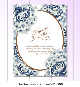 Vintage delicate invitation with flowers for wedding, marriage, bridal, birthday, Valentine's day. 