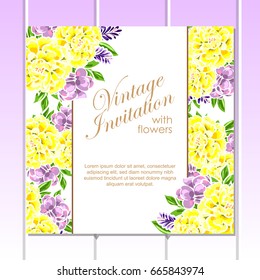 Vintage delicate invitation with flowers for wedding, marriage, bridal, birthday, Valentine's day. 