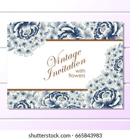 Vintage delicate invitation with flowers for wedding, marriage, bridal, birthday, Valentine's day. 