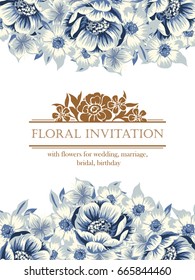 Vintage delicate invitation with flowers for wedding, marriage, bridal, birthday, Valentine's day. 