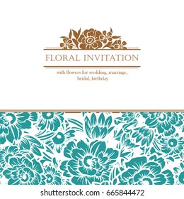 Vintage delicate invitation with flowers for wedding, marriage, bridal, birthday, Valentine's day. 
