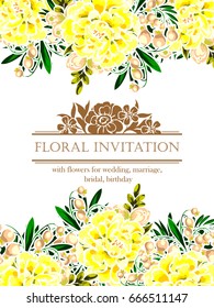 Vintage delicate invitation with flowers for wedding, marriage, bridal, birthday, Valentine's day. 