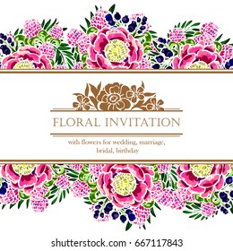 Vintage delicate invitation with flowers for wedding, marriage, bridal, birthday, Valentine's day. 