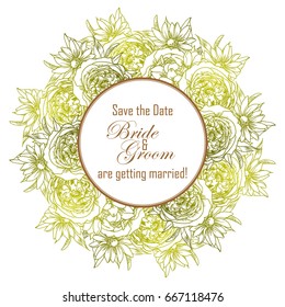 Vintage delicate invitation with flowers for wedding, marriage, bridal, birthday, Valentine's day. 