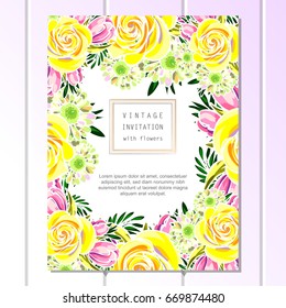 Vintage delicate invitation with flowers for wedding, marriage, bridal, birthday, Valentine's day. 