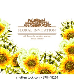 Vintage delicate invitation with flowers for wedding, marriage, bridal, birthday, Valentine's day. 