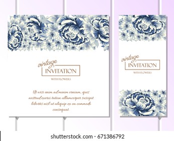 Vintage delicate invitation with flowers for wedding, marriage, bridal, birthday, Valentine's day. 