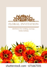 Vintage delicate invitation with flowers for wedding, marriage, bridal, birthday, Valentine's day.