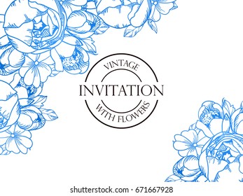 Vintage delicate invitation with flowers for wedding, marriage, bridal, birthday, Valentine's day.