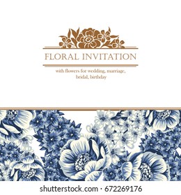 Vintage delicate invitation with flowers for wedding, marriage, bridal, birthday, Valentine's day. 